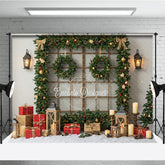 Aperturee - Aperturee Rustic Christmas Window Photography Backdrop Snowy View Framed with Garland Holiday Mini Session Background
